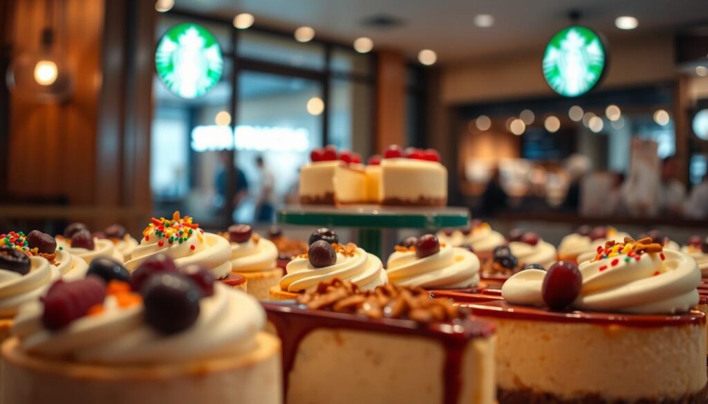 A beautifully crafted display of seasonal Starbucks cheesecake specials, captured in a warm, inviting setting. In the foreground, an assortment of fluffy, decadent cheesecake slices adorned with festive toppings like cranberries, pumpkin spice, and festive sprinkles. The middle ground showcases a Starbucks-branded display stand, highlighted by soft, diffused lighting that creates a cozy, cafe-like atmosphere. In the background, a subtle blur of a Starbucks storefront, hinting at the cafe's signature ambiance. The overall composition evokes a sense of indulgence and seasonal delight, perfectly complementing the &amp;amp;quot;Seasonal Cheesecake Special Editions&amp;amp;quot; section of the article.