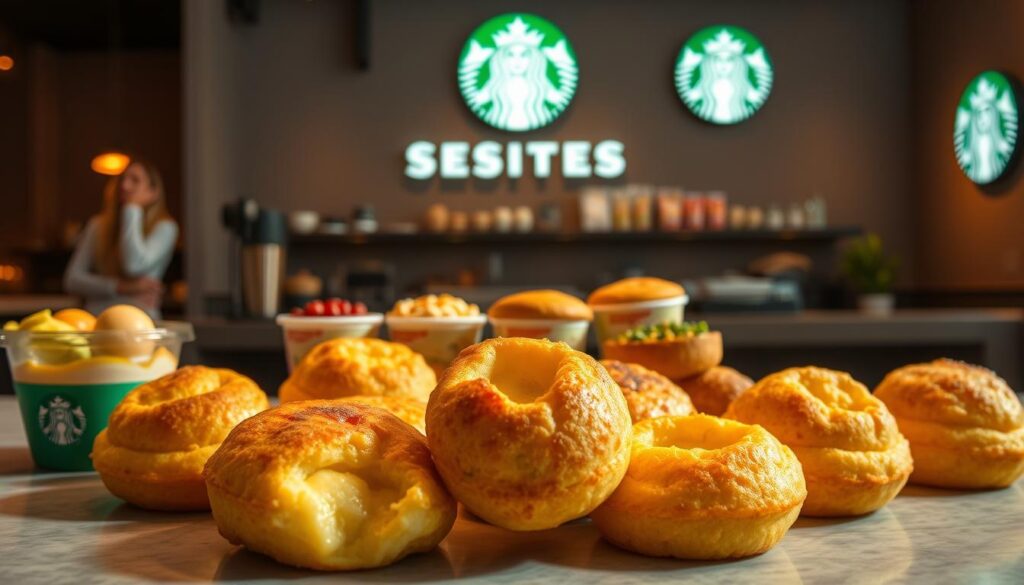 A bright, inviting display of Starbucks' delectable Egg Bites protein snack menu. In the foreground, a tempting arrangement of the savory bites, their golden-brown crusts and fluffy interiors shimmering under warm, soft lighting. The middle ground showcases the selection of flavors, each artfully presented to showcase their distinct ingredients and appeal. In the background, a clean, minimalist Starbucks-branded backdrop, suggesting a modern, health-conscious cafe setting. The overall atmosphere conveys a sense of wholesome, on-the-go nourishment, perfect for the health-conscious consumer seeking a protein-rich, satisfying snack.