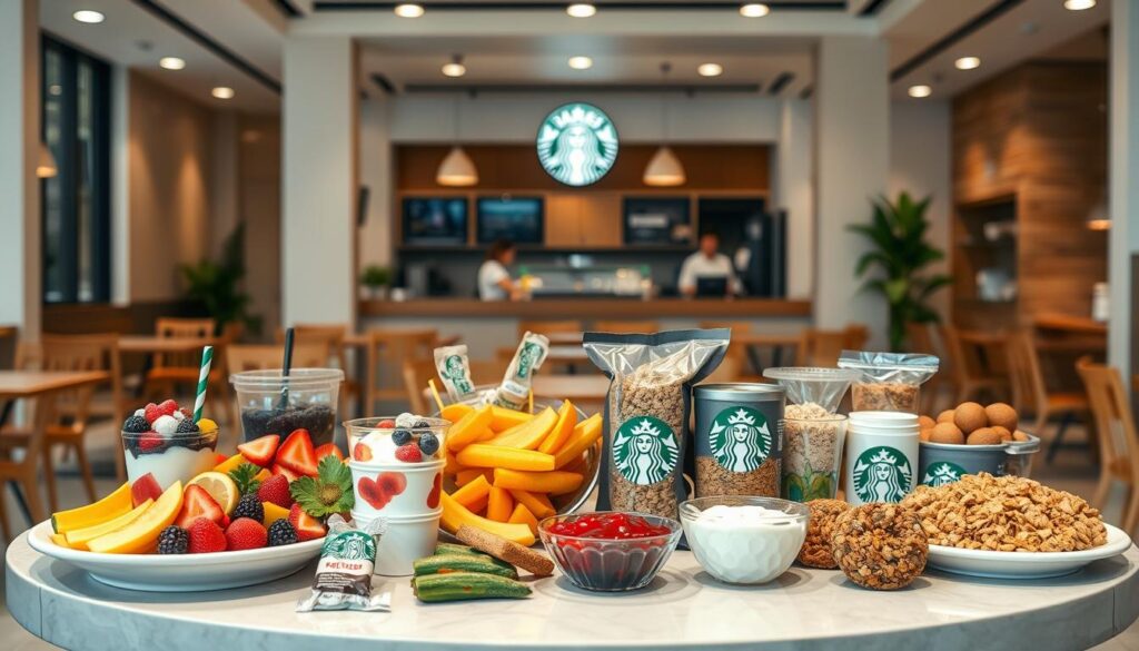 A brightly lit, modern Starbucks cafe setting with a central table displaying an assortment of healthy snack options. In the foreground, a selection of vibrant and colorful fresh fruit, yogurt parfaits, and protein bars neatly arranged. The middle ground features a variety of freshly baked whole grain muffins, granola cups, and veggie-based dips. In the background, the cafe's warm, minimalist decor with clean lines and natural wood accents creates a calming, inviting atmosphere. The lighting is soft and diffused, highlighting the natural textures and colors of the snacks. The camera angle is slightly elevated, providing an appetizing and visually appealing view of the healthy Starbucks grab-and-go options.