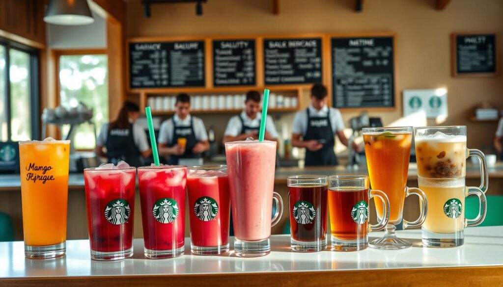 A cozy café scene, with a countertop display showcasing an array of Starbucks Refreshers and tea drinks. In the foreground, vibrant glasses brimming with icy-cold Mango Dragonfruit and Strawberry Acai Refreshers, complemented by warm mugs of herbal and black teas. The middle ground features baristas in crisp uniforms skillfully preparing the beverages, while the background depicts the familiar Starbucks ambiance - wooden accents, chalkboard menus, and soft natural lighting filtering through the windows. The overall composition conveys a welcoming, refreshing, and soothing atmosphere, inviting the viewer to indulge in these popular Starbucks offerings.