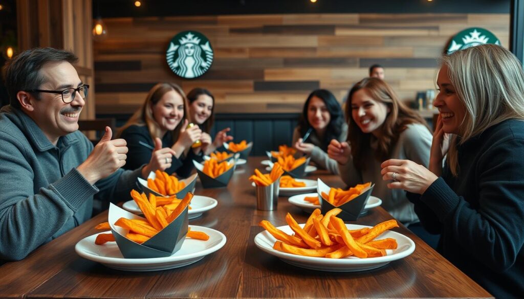 A cozy café setting, with customers seated at wooden tables, enjoying Starbucks' new sweet potato fries. The fries are golden-brown, crispy on the outside and soft on the inside, presented on stylish ceramic plates. Customers' faces are animated as they share their thoughts, some smiling, others gesturing with enthusiasm. The lighting is warm and inviting, creating a relaxed atmosphere. In the background, the familiar Starbucks logo is visible, signaling the high-quality, familiar brand experience. The scene captures the initial excitement and feedback from customers as they discover this tasty new menu item.