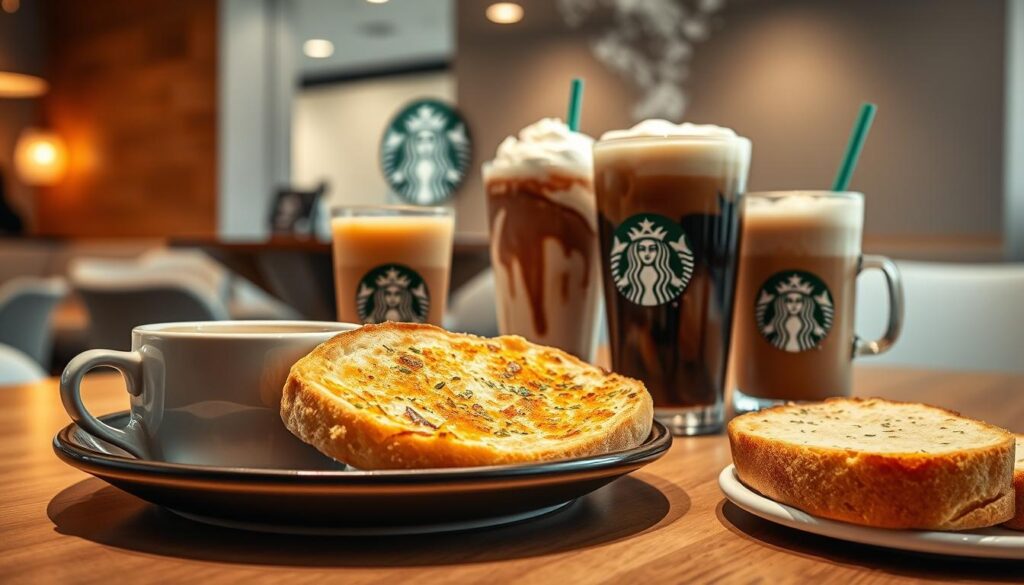 A cozy coffee shop setting with a warm, inviting atmosphere. In the foreground, a plate of freshly baked Starbucks garlic bread sits alongside a steaming cup of rich, aromatic coffee. The bread is golden-brown, with a crisp outer crust and a soft, fluffy interior. Wisps of steam rise from the coffee, hinting at its soothing temperature and bold flavor. In the middle ground, a selection of Starbucks specialty drinks, such as a latte and a hot chocolate, are arranged neatly, each with a unique pairing of the garlic bread. The background features a minimalist, modern Starbucks interior, with clean lines, neutral colors, and soft, diffused lighting that creates a cozy, inviting ambiance. The overall scene conveys the perfect harmony of savory and sweet, highlighting the delightful pairings that can be enjoyed with Starbucks' iconic garlic bread and hot beverages.