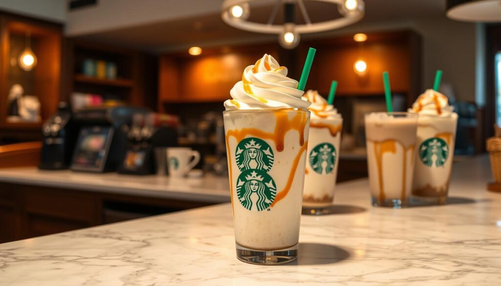 A cozy, intimate café setting with a marble-topped counter displaying an array of enticing cheesecake-inspired Starbucks drinks. In the foreground, an artfully crafted Starbucks Cheesecake Frappuccino with a swirl of whipped cream and drizzle of caramel sauce. Behind it, a selection of other secret menu items, such as a Strawberry Cheesecake Refresher and a Caramel Cheesecake Macchiato, all presented with care and attention to detail. The lighting is soft and warm, creating a welcoming atmosphere. The scene is shot from a slightly elevated angle, capturing the full display of the tempting beverages.