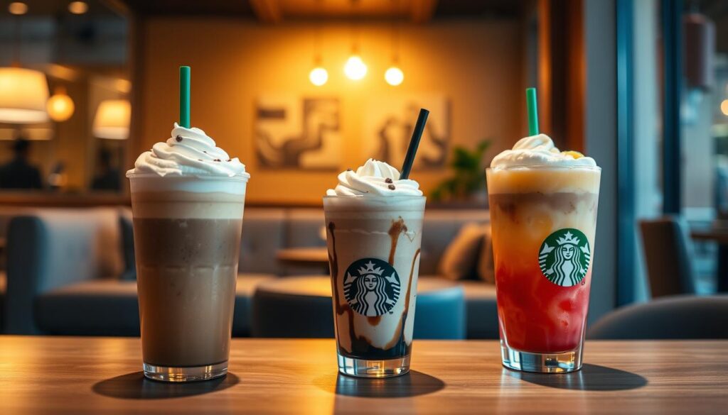 A cozy late-night Starbucks scene, showcasing an array of cold foam-topped beverages. In the foreground, a mouthwatering display of icy, creamy delights - cold brew with vanilla sweet cream cold foam, mocha frappuccino with java chip cold foam, and pineapple passionfruit refresher with pineapple cold foam. The middle ground features warm, soft lighting illuminating the sleek, modern Starbucks interior, with plush seating and subtle accent decor. The background fades into a warm, golden glow, creating a tranquil, inviting atmosphere perfect for a late-night coffee experience.