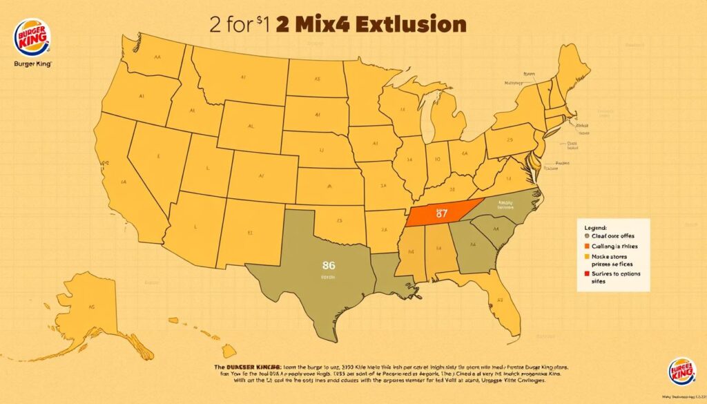A detailed, high-resolution map of the United States showcasing the regional pricing variations and exclusions for Burger King's &quot;2 for $6 Mix &amp; Match&quot; promotion. The map is rendered with a clean, minimalist aesthetic, using a color scheme of warm earth tones to evoke the brand's identity. The foreground features state outlines and major city markers, while the background displays a subtle grid pattern and faint state labels. The middle ground incorporates Burger King logos and icons to denote the pricing zones, with a clear legend explaining the differences. The overall scene is captured with a wide-angle lens, providing a comprehensive view of the national landscape and pricing data.