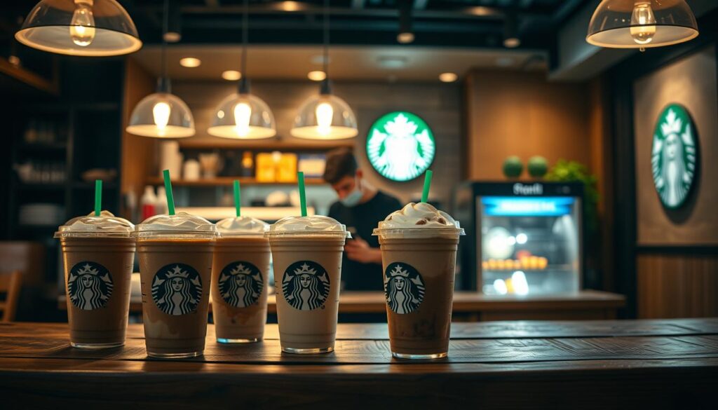 A dimly lit Starbucks cafe at night, showcasing an array of premium Frappuccino selections. In the foreground, an assortment of Frappuccino cups in various flavors, including Mocha, Caramel, and Chocolate Chip, sit atop a wooden counter. Subtle reflections from the cups create a dreamlike atmosphere. In the middle ground, a barista carefully crafts the beverages, their movements illuminated by the warm glow of the overhead lighting. In the background, a stylized Starbucks logo and the cafe's signature green accents hint at the brand's familiar aesthetic. The scene evokes a cozy, late-night ambiance, inviting the viewer to indulge in a premium Frappuccino experience.