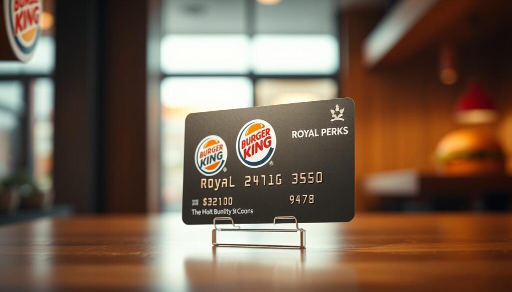 A high-quality, photorealistic image of a Burger King Royal Perks membership card. The card is shown in the foreground, positioned at a slight angle and illuminated by soft, warm lighting. The card's design features the Burger King logo prominently displayed, along with the &quot;Royal Perks&quot; text and a metallic-like finish. The background is blurred, creating a sense of depth and focus on the card. The image conveys a premium, exclusive, and well-designed aesthetic, reflecting the benefits and rewards of the Burger King loyalty program.