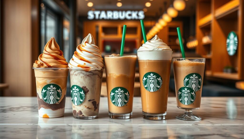 A high-resolution, detailed image of an artfully arranged Starbucks ice cream and beverage pairing display. In the foreground, a trio of Starbucks ice cream flavors - Caramel Macchiato, Mocha Frappuccino, and Pumpkin Spice Latte - are nestled atop a marble countertop. Beside them, matching Starbucks beverages are presented in clear glasses, their frothy tops and color gradients complimenting the ice cream. The background features a soft, blurred Starbucks storefront interior, with warm lighting and wood accents creating a cozy, inviting atmosphere. The overall composition is visually balanced, highlighting the delectable pairings in an appetizing, sophisticated manner.