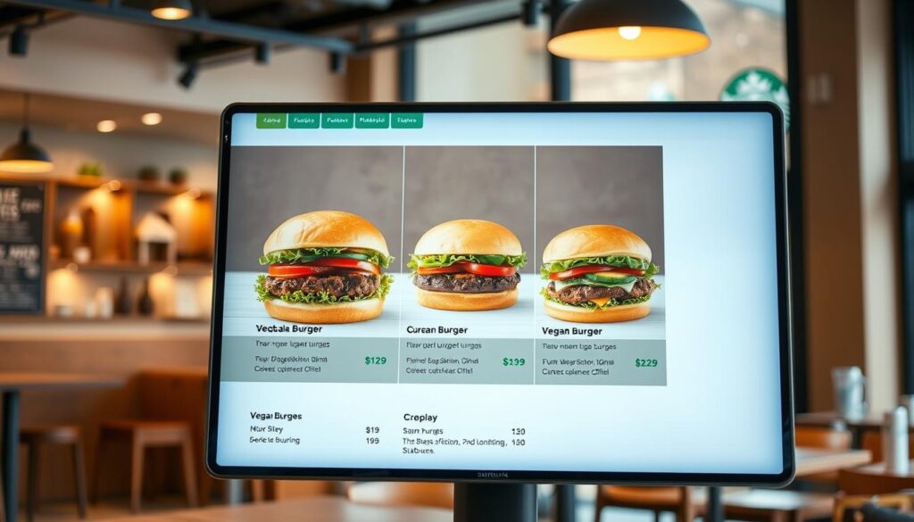 A high-resolution, highly detailed image of a Starbucks-style burger menu featuring various vegetarian and vegan burger options. The menu is displayed on a sleek, modern digital screen with a clean, minimalist design. The background is slightly blurred but shows a warm, inviting Starbucks cafe atmosphere with natural lighting and wood accents. The burger options are presented with mouthwatering visuals, clear pricing, and descriptive labels highlighting the vegetarian and vegan options. The overall composition creates an appetizing and informative display that would be suitable for a Starbucks-related article.