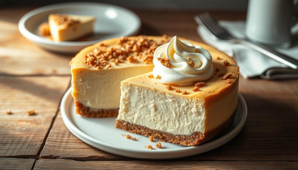 A homemade Starbucks-style cheesecake, freshly baked, sits on a wooden table. The rich, creamy filling is topped with a swirl of velvety whipped cream and a light dusting of crushed graham cracker crumbs. Soft, natural lighting casts a warm glow, highlighting the cake's smooth, luxurious texture. In the background, a minimalist white ceramic plate and fork are arranged, hinting at the decadent dessert to come. The overall scene evokes a cozy, inviting atmosphere, perfect for savoring a slice of this Starbucks-inspired treat.