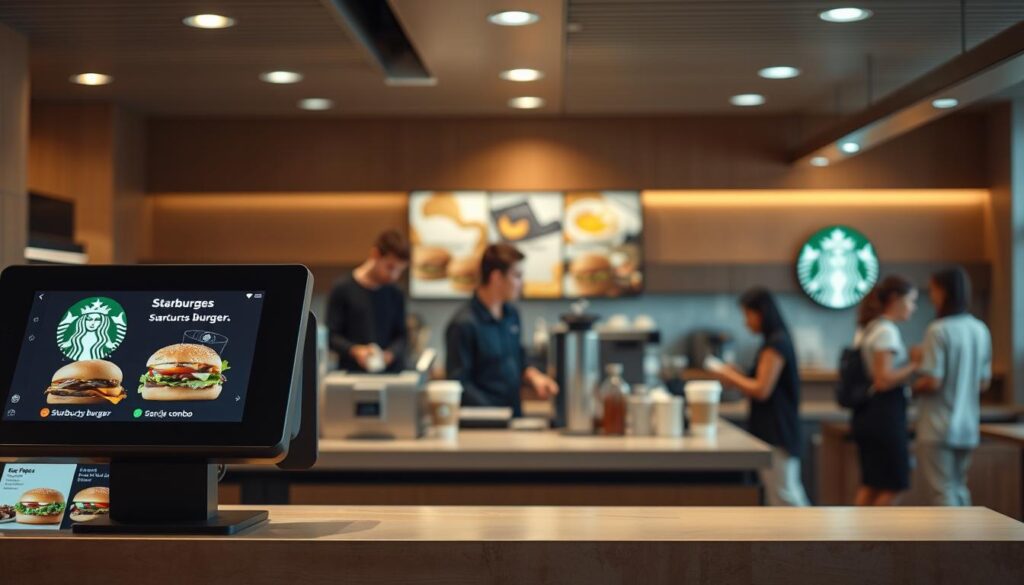A modern, well-lit Starbucks cafe interior, with a prominent counter featuring various ordering options for Starbucks burgers. In the foreground, a sleek digital display showcases different burger combo choices, presented with clear, appetizing visuals. The middle ground features a barista expertly crafting beverages, while customers wait patiently in line. The background is softly blurred, emphasizing the focal point of the ordering options. The overall atmosphere is inviting, with warm lighting and a clean, minimalist aesthetic, reflecting Starbucks' signature style.