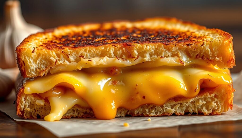A mouthwatering Starbucks Garlic Grilled Cheese Sandwich, captured in vivid detail. The crisp, golden-brown exterior of the bread gives way to a melty blend of cheeses, infused with the savory aroma of roasted garlic. Soft, pillowy slices of sourdough bread frame the filling, creating a perfect balance of textures. Delicate shadows and highlights accentuate the sandwich's depth, while a natural, diffused lighting sets a cozy, inviting tone. The camera angle is slightly elevated, allowing the viewer to fully appreciate the sandwich's craftsmanship and artful presentation. This image perfectly captures the essence of the &amp;quot;Crispy Grilled Cheese with Garlic Notes&amp;quot; section, enticing the reader to indulge in this delightful Starbucks offering.