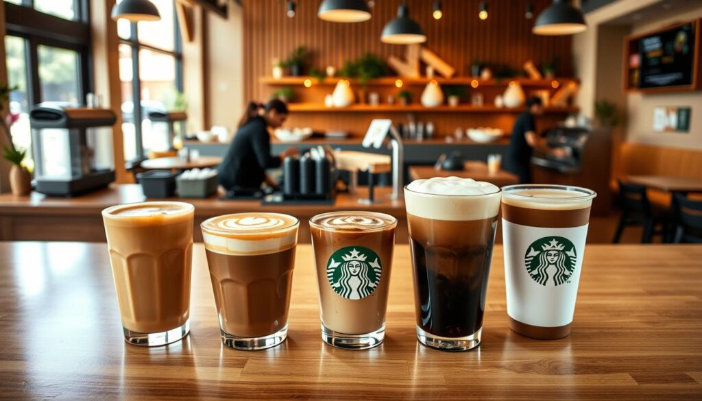 A neatly arranged display of Starbucks' signature espresso-based drinks, captured in a bright, well-lit cafe setting. In the foreground, a trio of classic beverages - a creamy latte, a rich mocha, and a bold americano - stand atop a sleek, wooden counter. Intricate latte art adorns the surface of each drink, complementing the warm, earthy tones of the barista's hand-crafted creations. In the middle ground, the silhouettes of baristas can be seen meticulously preparing additional orders, while the background showcases the cozy, inviting ambiance of the cafe, with its modern furnishings and natural lighting streaming through large windows. The overall scene conveys the artistry, quality, and popularity of Starbucks' signature espresso-based menu items.