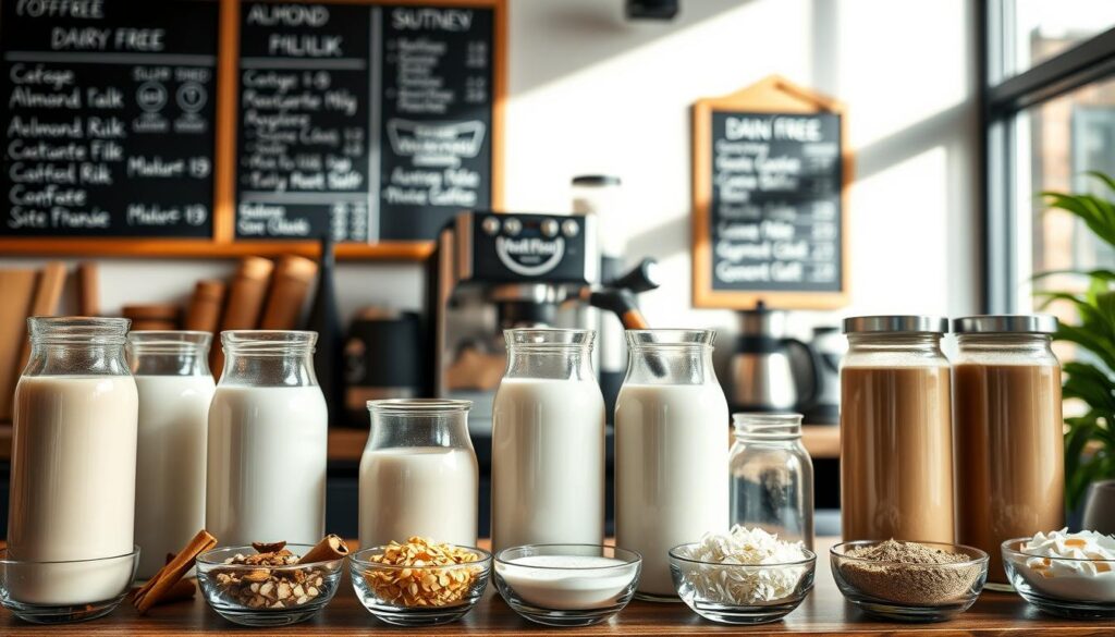 A stylish coffee shop display featuring an array of milk alternatives and dietary options. In the foreground, tempting glass containers hold various plant-based milks - creamy almond, rich oat, and smooth soy. Scattered around are small bowls of garnishes like cinnamon sticks, cocoa powder, and shredded coconut. The middle ground showcases a sleek espresso machine and barista equipment, hinting at the delectable drinks being prepared. In the background, a minimalist chalkboard menu board lists the available options, with icons denoting dairy-free, gluten-free, and other dietary considerations. Soft, natural lighting creates a warm, welcoming atmosphere, inviting the viewer to explore Starbucks' diverse and inclusive beverage menu.