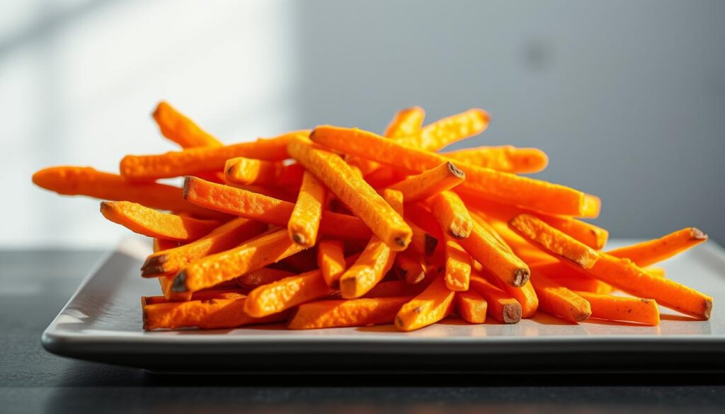 A stylish still-life featuring a plate of crisp, golden-brown sweet potato fries against a clean, minimalist backdrop. The fries are arranged artfully, their vibrant orange hue accentuated by natural lighting streaming in from the side. The scene is captured with a shallow depth of field, drawing the viewer's attention to the succulent texture and inviting aroma of the fries. The overall mood is fresh, healthy, and appetizing, perfectly complementing the &amp;quot;Nutritional Profile and Health Benefits&amp;quot; section of the article.