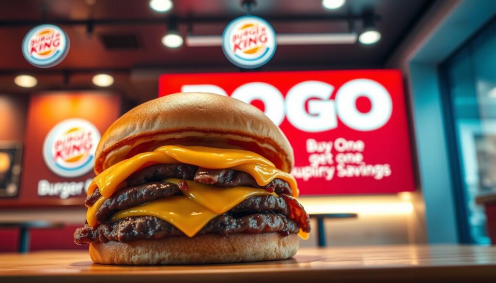 A vibrant and appetizing Whopper burger in the foreground, dripping with melted cheese and juicy patty, with a warm and inviting lighting that accentuates its texture and freshness. In the middle ground, a colorful and eye-catching &quot;BOGO&quot; (Buy One, Get One) promotion banner, showcasing the limited-time savings offer. The background features a sleek and modern Burger King restaurant interior, with clean lines and a minimalist design that creates a sense of premium quality. The overall composition and style convey a premium and exclusive dining experience, perfectly capturing the essence of the &quot;Unlocking Maximum Savings with the Whopper BOGO Promotion&quot; section.