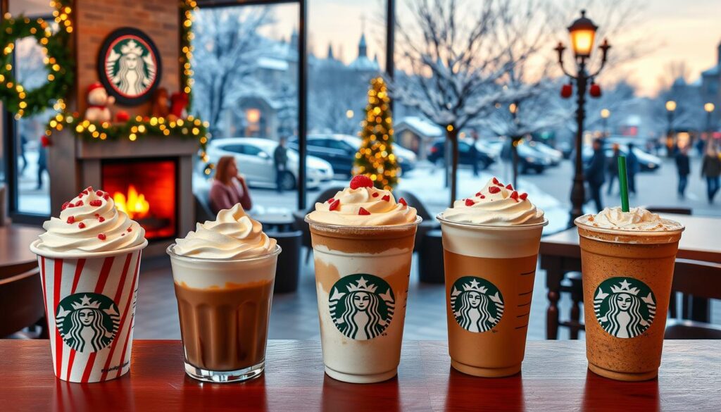 A vibrant and festive display of Starbucks' seasonal specialty drinks, captured in a warm, inviting light. In the foreground, a lineup of iconic holiday beverages - peppermint mocha, eggnog latte, and gingerbread latte - adorned with whipped cream, festive toppings, and holiday-themed cups. In the middle ground, a cozy Starbucks cafe setting, with a fireplace, twinkling lights, and seasonal decor. The background features a winter wonderland, with snow-capped trees and a glimpse of a bustling city street. The overall scene evokes a sense of comfort, cheer, and the festive spirit of the Starbucks seasonal drink menu.