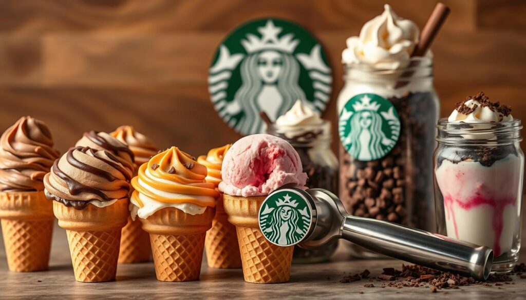 A vibrant still life capturing an array of Starbucks-inspired ice cream flavors. In the foreground, an assortment of delectable scoops in classic Frappuccino shades - mocha, coffee, caramel, and strawberry - sit atop waffle cones, their textures and toppings glistening under warm, soft lighting. In the middle ground, a sleek, metallic Starbucks-branded ice cream scoop rests alongside a glass jar filled with chocolate shavings and whipped cream. The background features a blurred Starbucks logo, hinting at the inspiration behind these indulgent frozen treats. The overall composition exudes a sense of premium, coffee-shop sophistication, enticing the viewer to imagine the rich, creamy flavors of these Frappuccino-inspired ice creams.