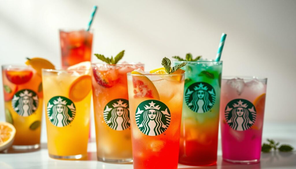 A vibrant still life scene showcasing an assortment of Starbucks Refreshers beverages. In the foreground, several glass cups filled with icy, vibrant-colored Refreshers drinks, garnished with fresh fruit slices and mint leaves. Behind them, a clean, minimalist background with a soft, diffused lighting that accentuates the translucent hues of the beverages. The cups are arranged in a casual, artful manner, capturing the refreshing and lively nature of the Starbucks Refreshers lineup. The overall mood is bright, summery, and inviting, perfectly embodying the spirit of these non-coffee, fruity and herbal-infused Starbucks offerings.