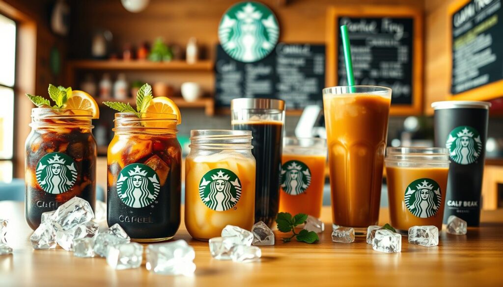 A vibrant still life showcasing an array of Starbucks cold brew varieties. In the foreground, glass jars filled with icy cold brew in rich shades of brown and black, garnished with fresh mint sprigs and citrus wedges. The middle ground features reusable Starbucks tumblers and cups, each with a distinct cold brew concoction - classic, vanilla, caramel, and nitro. The background is a softly blurred Starbucks cafe setting, with warm wooden accents and a chalkboard menu hinting at additional cold brew options. The lighting is natural and diffused, casting a golden glow and emphasizing the inviting, refreshing qualities of the cold brew drinks.