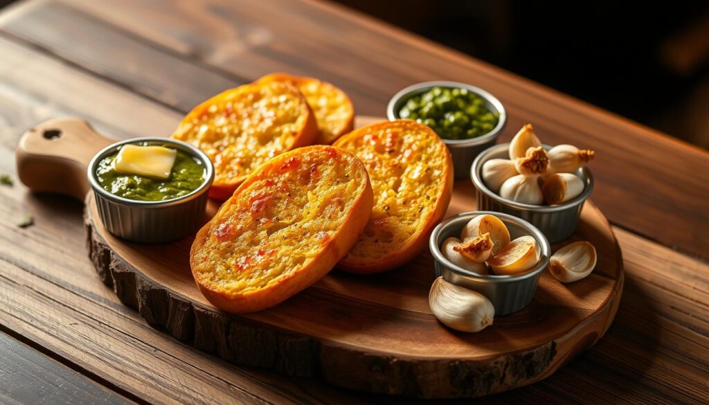 A visually appealing spread of Starbucks' signature garlic-infused snacks, artfully arranged on a rustic wooden board. The golden-brown garlic bread, glistening with melted butter, is accompanied by small dishes of vibrant green pesto and aromatic roasted garlic cloves. The lighting is warm and inviting, casting a soft glow across the scene. The composition is balanced, with the items spaced thoughtfully to create a sense of harmony. The overall mood is one of casual elegance, inviting the viewer to imagine pairing these delightful flavors with their favorite Starbucks beverage.