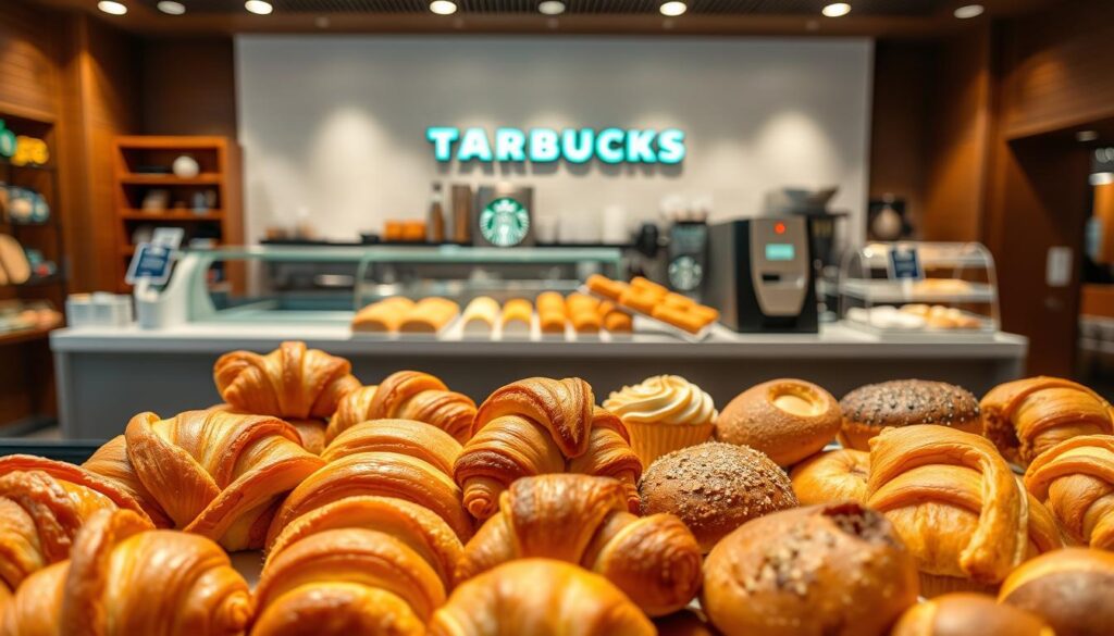 A well-lit and neatly arranged display of Starbucks' tempting pastry selection. In the foreground, an assortment of flaky croissants, moist muffins, and delicate danishes, each showcasing its unique texture and golden-brown hue. The middle ground features a variety of sweet treats, such as buttery scones, rich cinnamon rolls, and fluffy coffee cakes, all artfully presented. The background depicts the clean, modern aesthetic of a Starbucks cafe, with sleek countertops and a warm, inviting ambiance. The lighting is soft and natural, creating a cozy and appetizing atmosphere that entices the viewer to indulge in the bakery's delectable offerings.