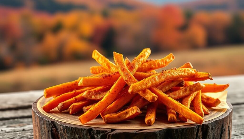 Delectable seasonal sweet potato fries from Starbucks, freshly fried to a golden crisp and sprinkled with a blend of fragrant spices. The fries are arranged on a wooden surface, bathed in warm, diffused lighting that highlights their rustic, homemade appeal. In the background, a blurred autumn landscape sets the scene, with hints of changing foliage peeking through. The overall mood is cozy, inviting, and captures the comforting essence of Starbucks' seasonal menu offerings.
