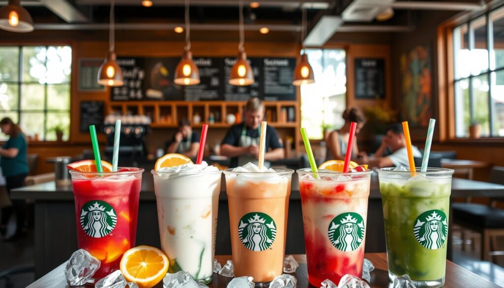 Starbucks Seasonal Summer Beverages: An array of vibrant, refreshing drinks set against a warm, sunlit cafe backdrop. In the foreground, icy cold cups filled with creamy, fruity concoctions garnished with fresh citrus slices and colorful straws. In the middle ground, baristas expertly crafting the beverages with precision, surrounded by the warm glow of pendant lighting. In the background, a cozy Starbucks interior with wooden accents, chalkboard menus, and a hint of greenery peeking through large windows. The overall scene evokes a sense of summer relaxation and indulgence, perfectly capturing the essence of Starbucks' seasonal late night beverage offerings.