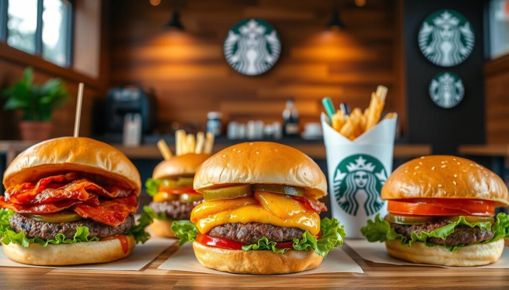 Starbucks seasonal burger menu specials, featuring an array of delectable creations. In the foreground, a selection of juicy burgers adorned with vibrant toppings, from savory bacon to tangy pickles, nestled between fluffy brioche buns. The middle ground showcases fresh seasonal ingredients, including crisp lettuce, ripe tomatoes, and zesty condiments. In the background, a warm, inviting Starbucks cafe setting, complete with wooden accents and a cozy ambiance, sets the stage for these limited-time culinary delights. Soft, directional lighting accentuates the mouthwatering textures and vibrant colors, creating an appetizing and visually stunning scene.
